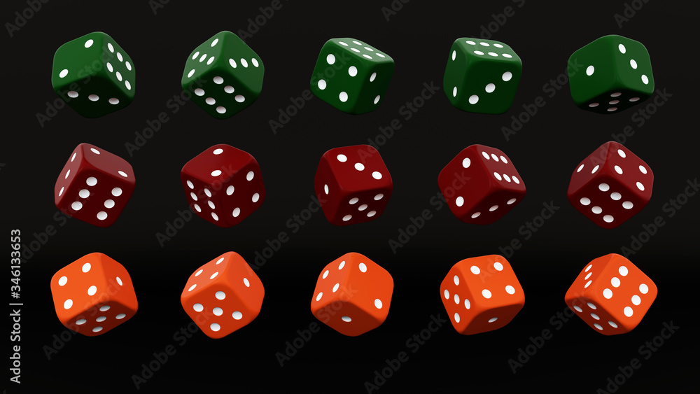 Green, Red And Orange Dices With Golden Dots - 3D Illustration Green, Red And Orange Dices With Golden Dots - 3D Illustration