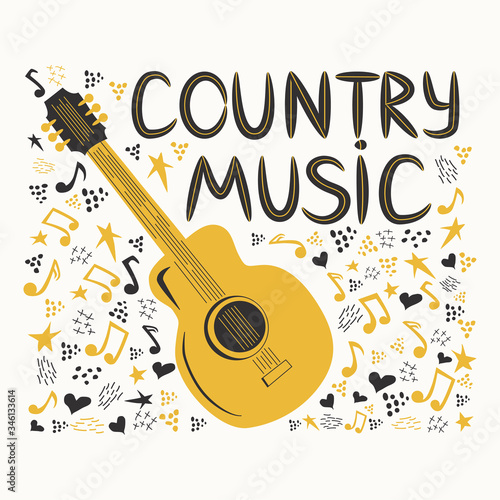 Acoustic guitar surrounded by notes, the inscription Love Music, Country Music. Country Cowboy Music Festival Creative Event Live Event Poster Concept