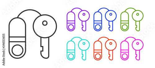 Black line House with key icon isolated on white background. The concept of the house turnkey. Set icons colorful. Vector Illustration