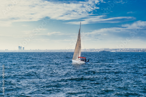 White sailboat in the sea, luxury adventure, active vacation in sea, Istanbul, Turkey