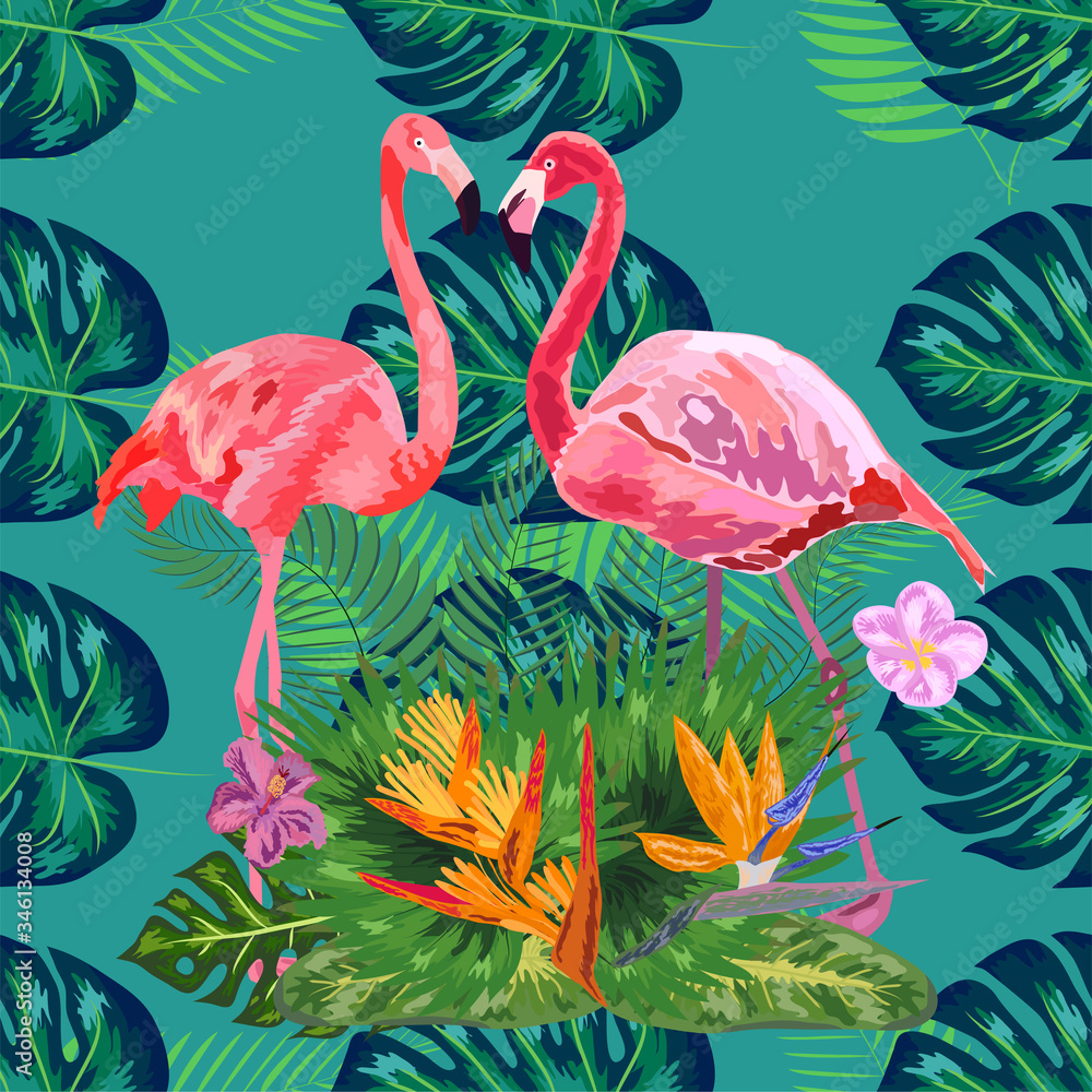 Naklejka premium seamless pattern of trendy bird pink flamingos. art design wallpaper