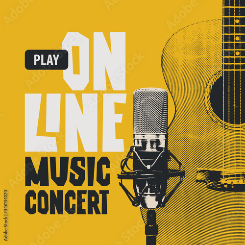 Vector poster for an online music concert with a guitar and Studio microphone on a yellow background. Suitable for advertising, web banner, poster, flyer, invitation, cover, web page