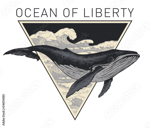 Vector banner on the theme of adventure, exploration and discovery with the words Ocean of liberty. Hand-drawn illustration with a big whale and triangle with sea waves in retro style
