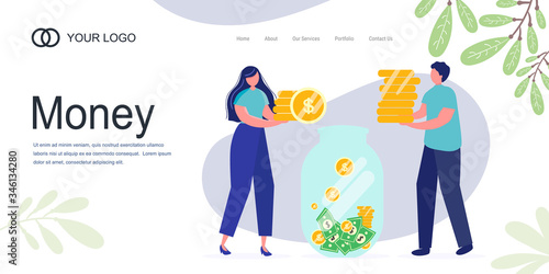 Landing Page Girl man are holding coins. Savings investing money. Finance, Investment. jar, piggy bank with money. for Jar Making Saving, Deposit Web Page Banner. Cartoon Flat Vector Illustration