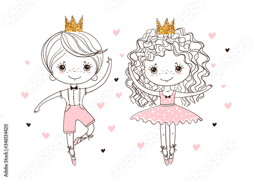Little prince and princess in pointe shoes are dancing ballet. A boy and a girl are engaged in dancing. Cute doodle illustration, linear hand drawing. Vector isolated on white background.