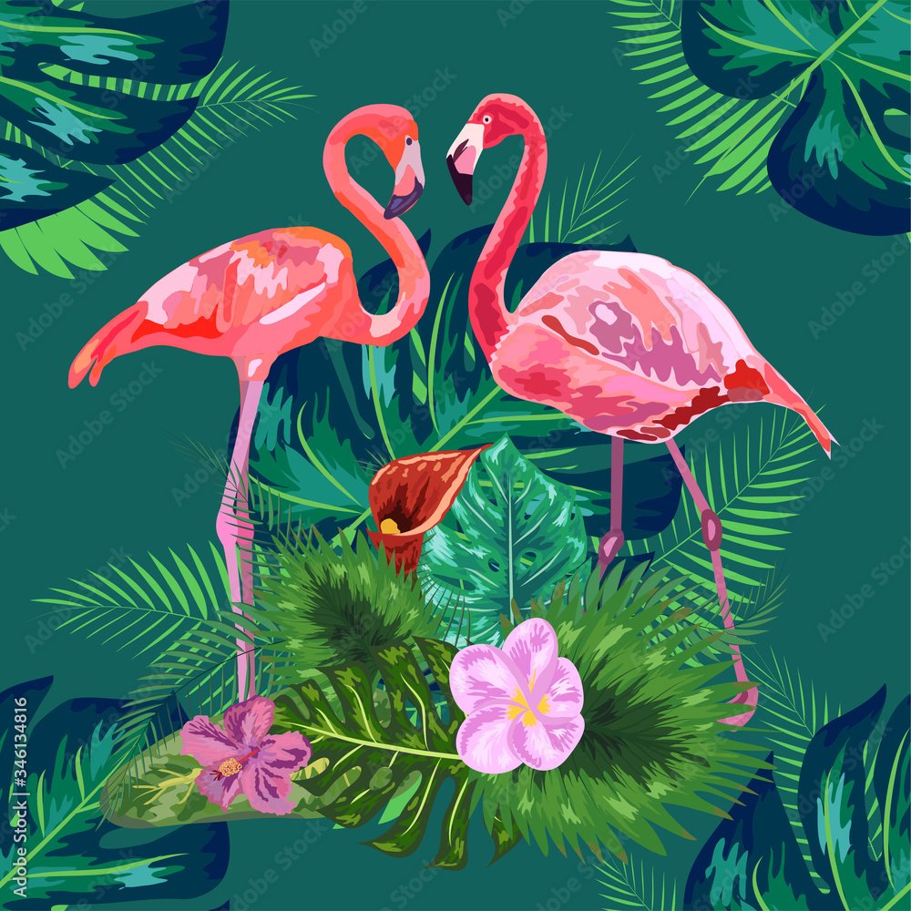 seamless floral summer pattern background with tropical palm leaves, flamingo, hibiscus.