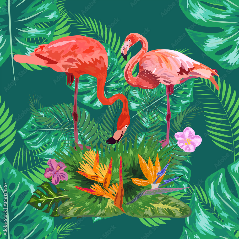 Bright green tropical jungle rainforest palm tree leaves. Pink exotic flamingo wading birds couple. Seamless pattern texture Bright green tropical jungle rainforest palm tree leaves. Pink exotic flamingo wading birds couple. Seamless pattern texture