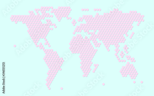 Pastel color of pink with blue background of World or earth map of region continent with honey bee or honeycomb or honey hive shape style With border shadow.
