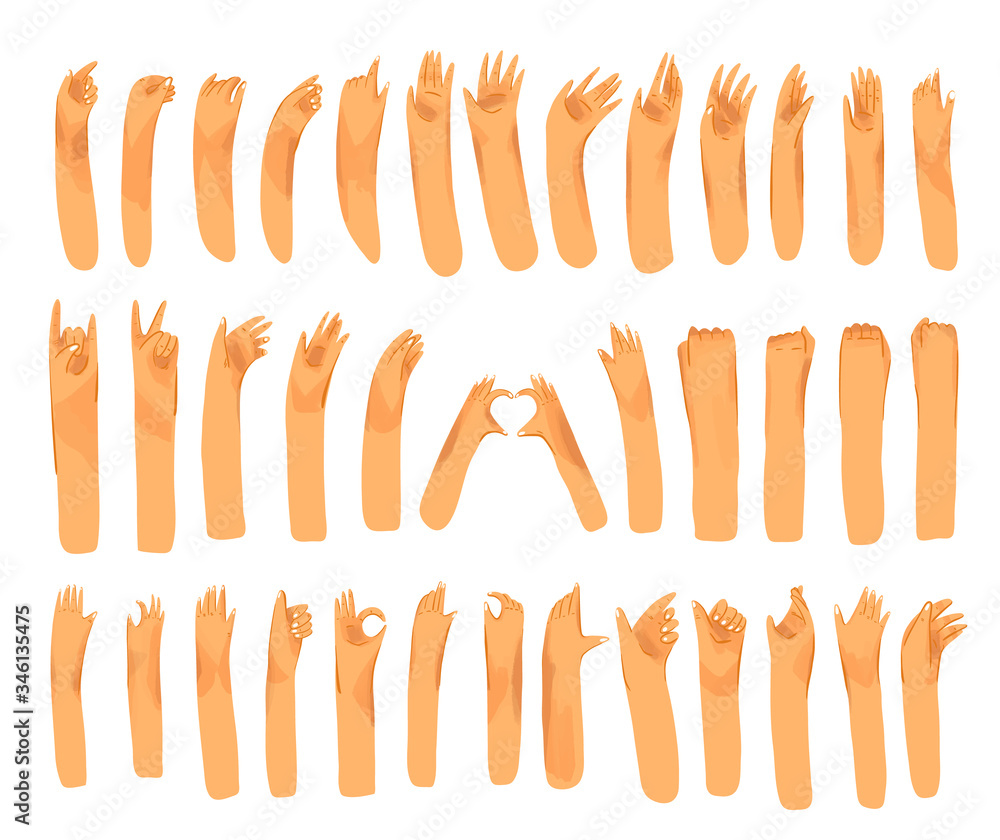 Human hand with collection of signs and hand gestures - ok, love, greetings, waving hands, phone and app control with fingers. Man and woman hands set Human hand with collection of signs and hand gestures - ok, love, greetings, waving hands, phone and app control with fingers. Man and woman hands set