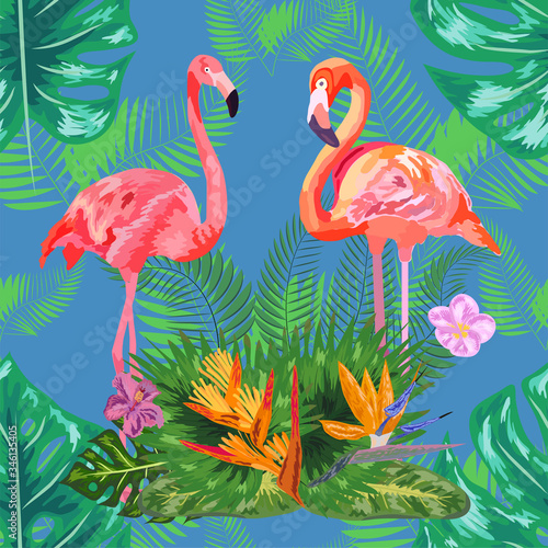 seamless floral summer pattern background with tropical palm leaves, flamingo, hibiscus.