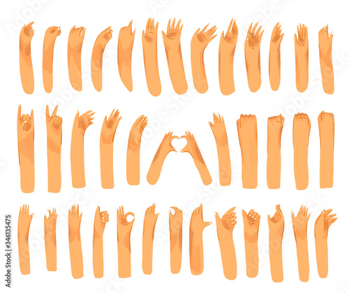 Human hand with collection of signs and hand gestures - ok, love, greetings, waving hands, phone and app control with fingers. Man and woman hands set