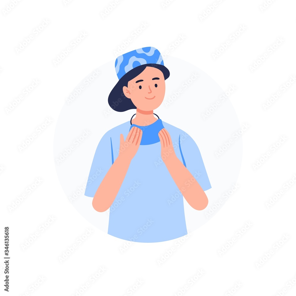 The surgeon is taking off a face mask. Medical worker avatar. Flat vector characters. The surgeon is taking off a face mask. Medical worker avatar. Flat vector characters.