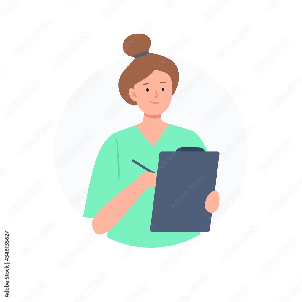 The nurse is writing notation. Medical worker avatar. Flat vector characters. The nurse is writing notation. Medical worker avatar. Flat vector characters.