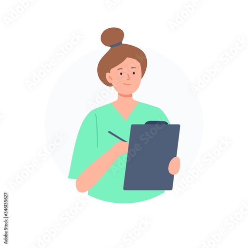 The nurse is writing notation. Medical worker avatar. Flat vector characters.