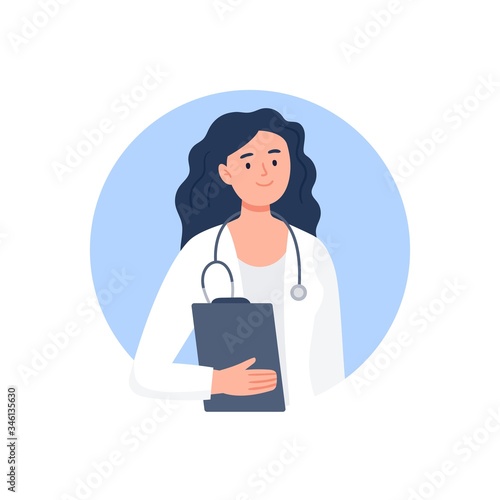 Doctor woman with stethoscope and folder. Medical worker avatar. Flat vector characters.
