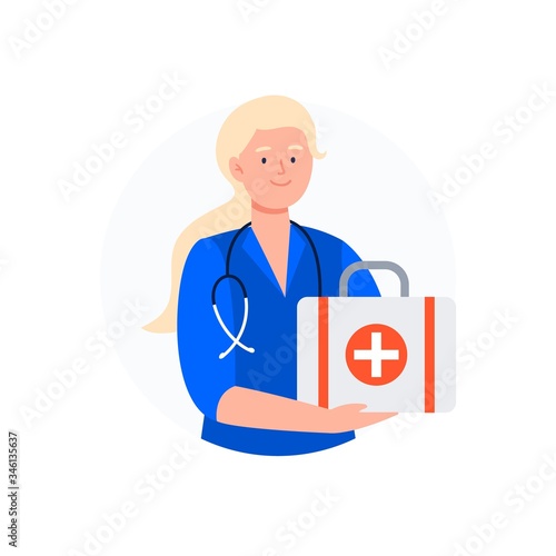 The paramedic holds a first aid kit. Medical worker avatar. Flat vector characters.