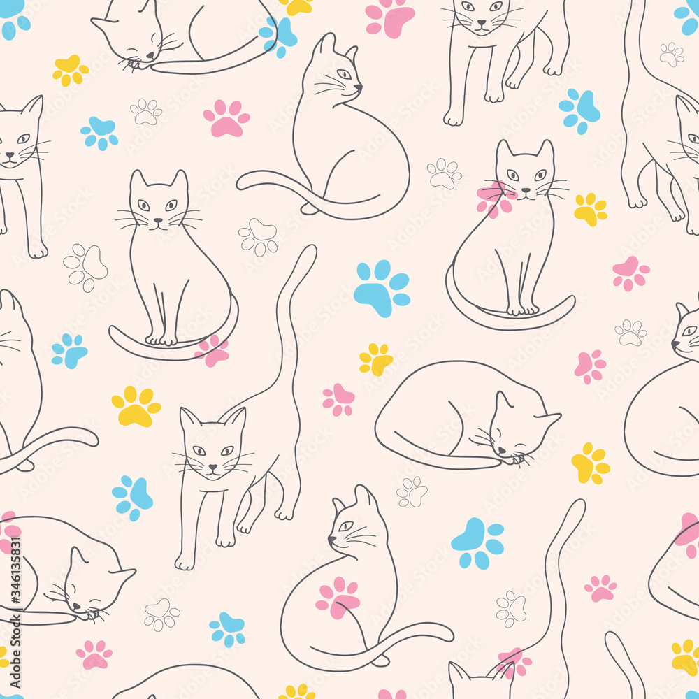 Vector outline cats and colorful paws seamless background
