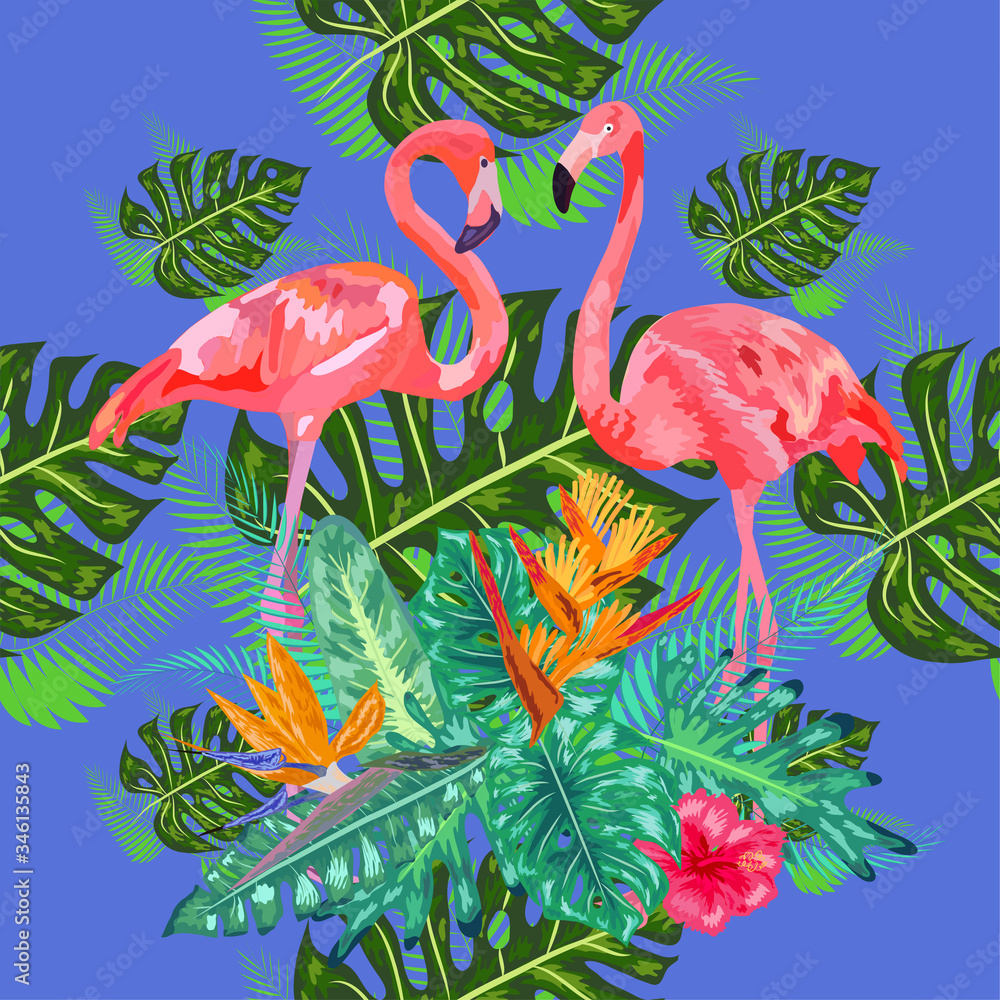Obraz premium seamless floral summer pattern background with tropical palm leaves, flamingo, hibiscus.