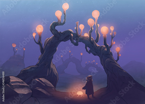 Surreal original digital painting with a strangle glowing fruit on a tree and a person standing beneath it