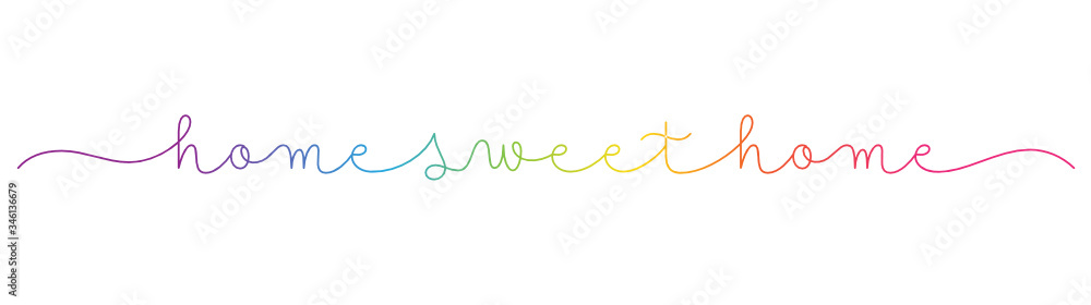 HOME SWEET HOME rainbow-colored vector monoline calligraphy banner with swashes