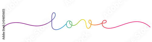 LOVE rainbow-colored vector monoline calligraphy banner with swashes