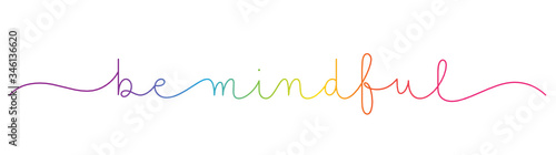 BE MINDFUL rainbow-colored vector monoline calligraphy banner with swashes