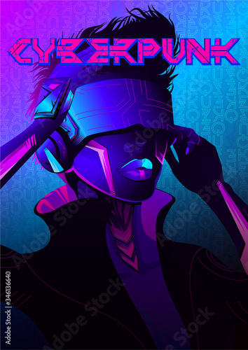 Cyberpunk sci-fi poster. Colorful vector illustration of beautiful girl wearing virtual reality headset with neon futuristic lights on background. 