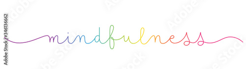 MINDFULNESS rainbow-colored vector monoline calligraphy banner with swashes