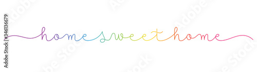 HOME SWEET HOME rainbow-colored vector monoline calligraphy banner with swashes