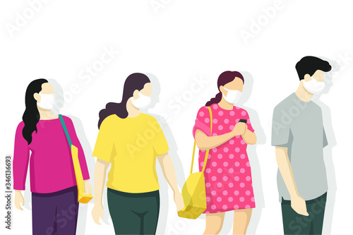 People are wearing face mask for virus protection, air pollution, contaminated air, world pollution. Modern flat vector illustration.