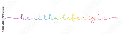HEALTHY LIFESTYLE rainbow-colored vector monoline calligraphy banner with swashes