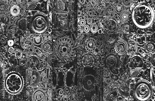 Set of old worn, rough mechanical gears made of rusty metal. Design minimalism. Iron composition. Retro style. Stylish top and trendy design textures round gears.