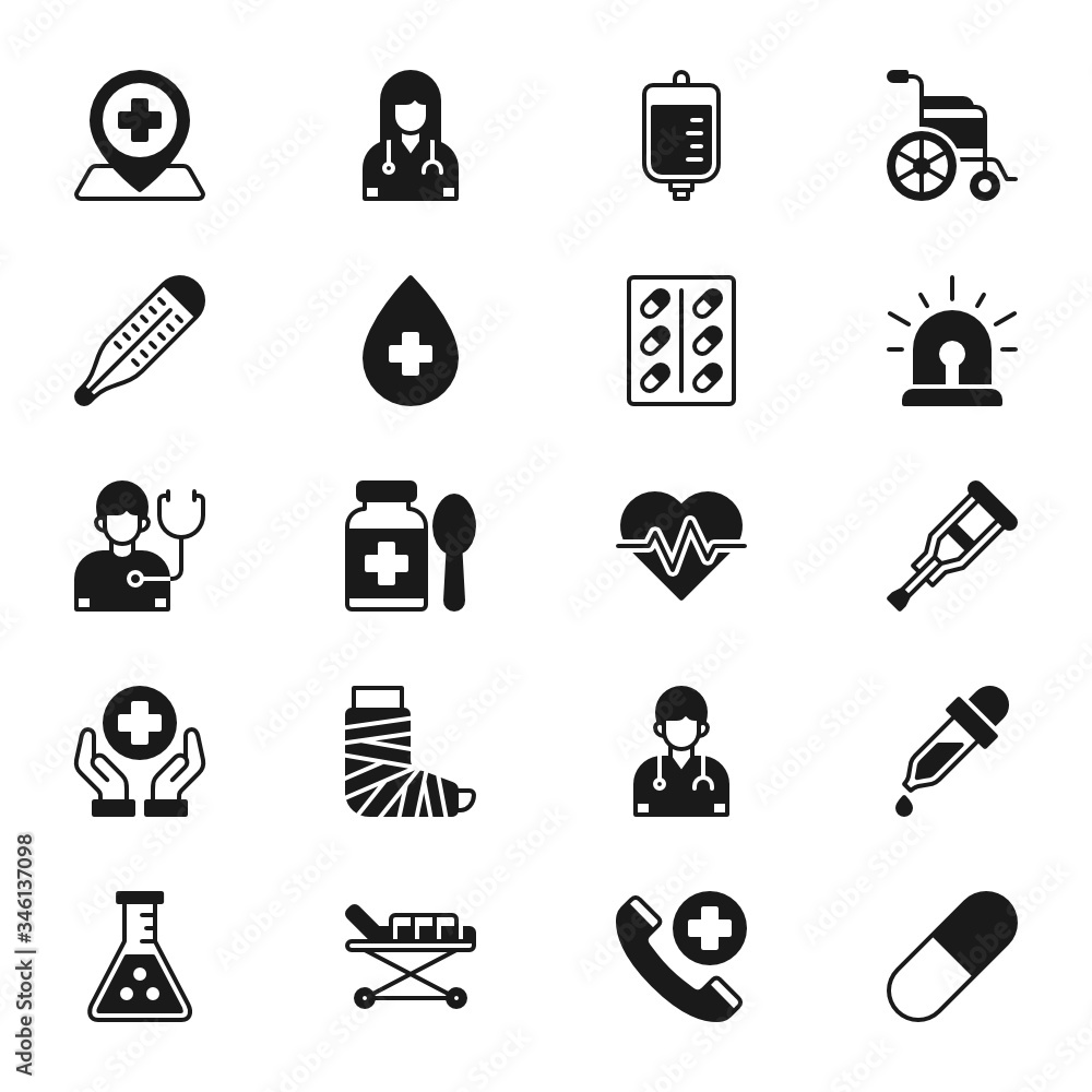 Medical glyph icon set for infographic, website, mobile, print etc, Healthcare vector illustration of hospital, doctor, nurse, blood bag, first aid kit, syringe, ambulance, cardiogram, stethoscope, dn