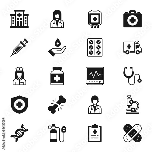 Medical glyph icon set for infographic, website, mobile, print etc, Healthcare vector illustration of doctor, iv bag, blood bag, wheelchair, pil, blood, medicine, dropper, patient, heartbeat etc