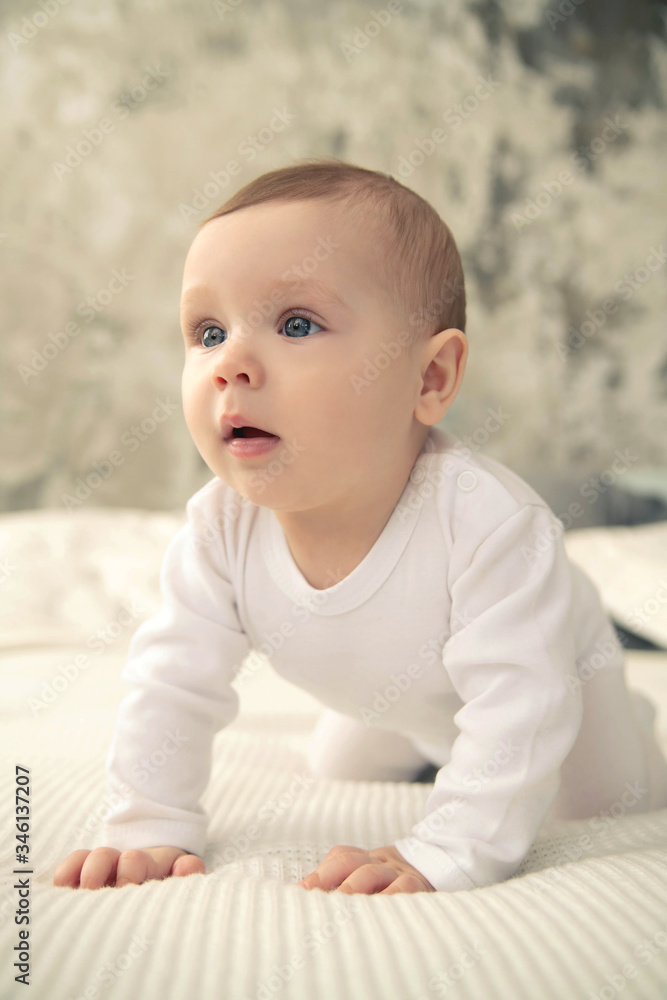 Toddler with blue eyes on a white plaid. Toddler with blue eyes on a white plaid.