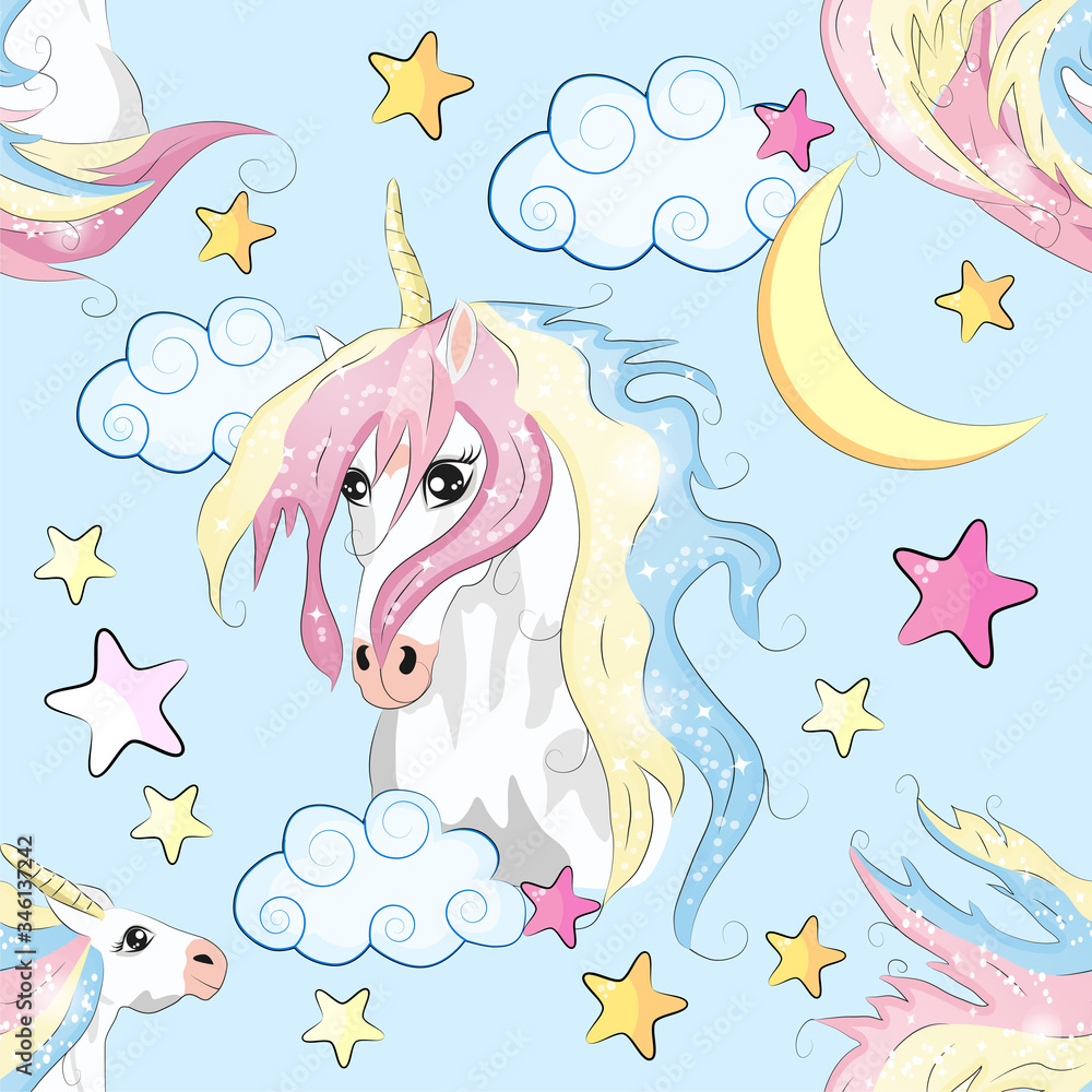 Obraz premium Cute unicorn, princess concept, girl beauty seamless pattern. cartoon design.