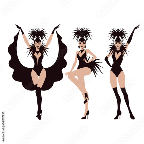 Cabaret girls set. Vector illustration in flat art style. Isolated on white.