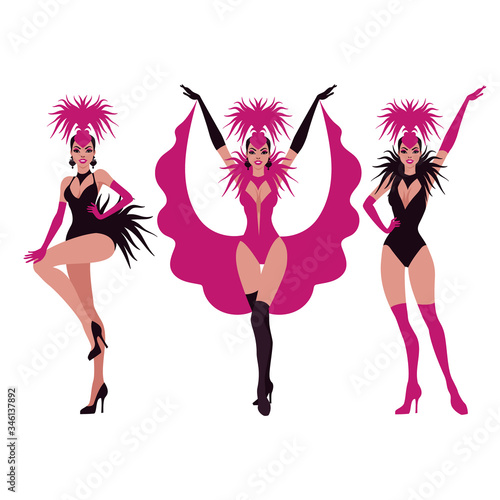 Cabaret girls set. Vector illustration in flat art style. Isolated on white.