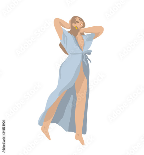 Hand drawn vector stock abstract graphic cartoon illustration with young woman character, in a bathrobe isolated on white background