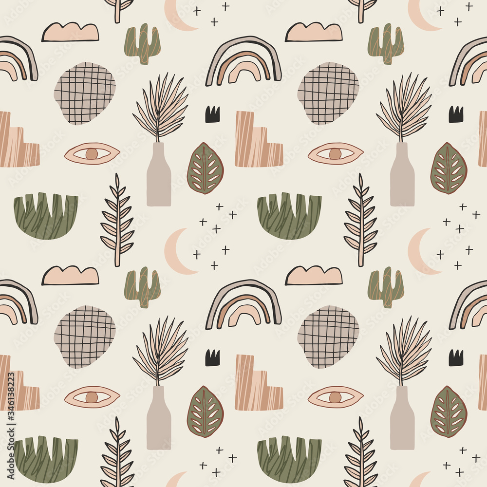 Abstract seamless pattern with plants and graphic elements. Trendy graphic design for banner, poster, card, invitation, wallpaper or textile