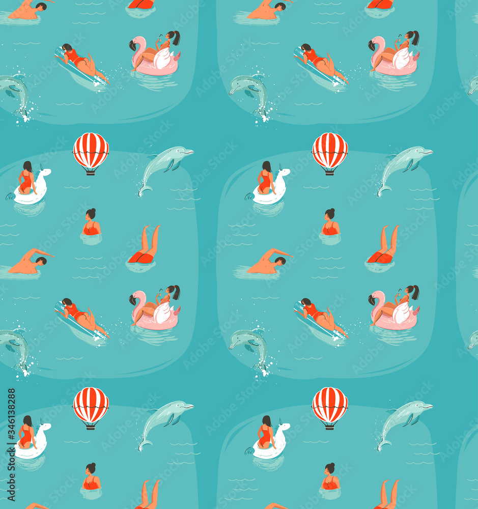 Hand drawn vector abstract summer time fun seamless pattern with swimming happy people in sea water with jumping dolphins isolated on blue background Hand drawn vector abstract summer time fun seamless pattern with swimming happy people in sea water with jumping dolphins isolated on blue background