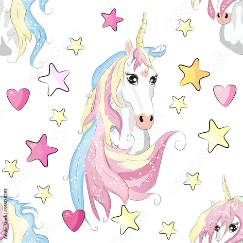 Cute unicorn, princess concept, girl beauty seamless pattern. cartoon design.