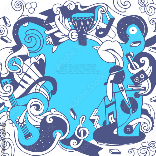 Doodle musical instruments, objects, symbols. Poster, festival postcard, invitation, textile decorative print, web banner. Round frame composition with copy space