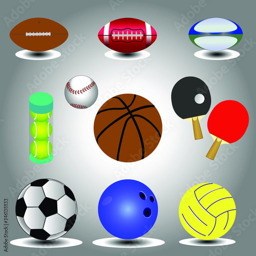 Set of balls for different sports. For example  soker  soccer  tennis  bowling  volleyball  baseball ping pong and bowling.