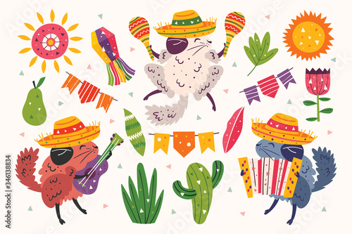 Set of little cute chinchillas in sombrero with a guitar, maracas and button accordion. Mexican theme. Cactus. Yellow sun. Party.  Flat colourful vector illustration, art isolated on white background.