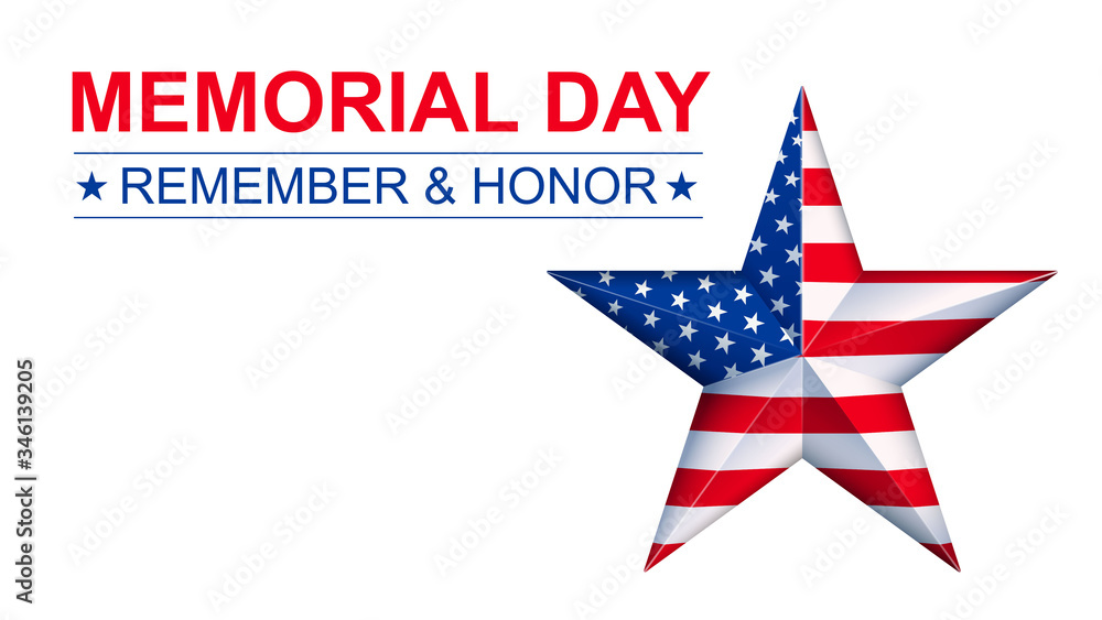 Vector Memorial Day with star in national flag colors. Template for banner or article. Copyspace