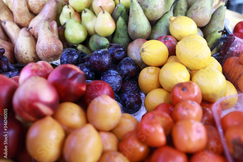 Various fruits on market counter