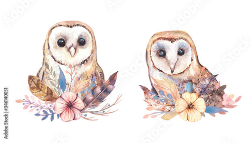 Watercolor hand painted owls with flowers and feathers bouquets. Watercolor boho owls characters clipart. photo