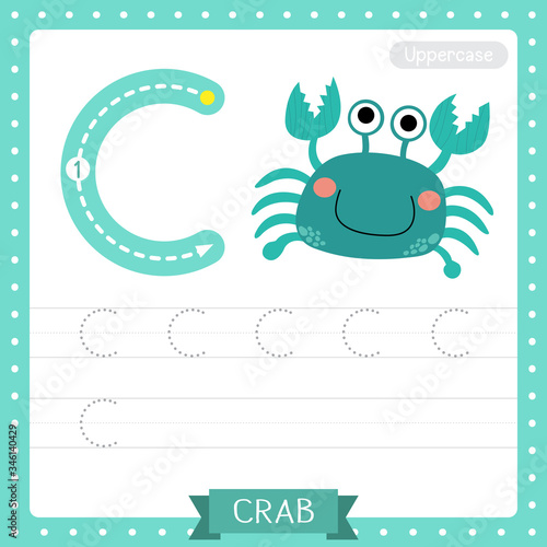 Letter C uppercase tracing practice worksheet. Blue Crab