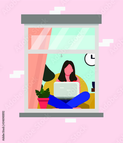 The concept of staying at home. a woman sits with a laptop and looks out the window. Social isolation during the epidemic. Vector illustration in flat style